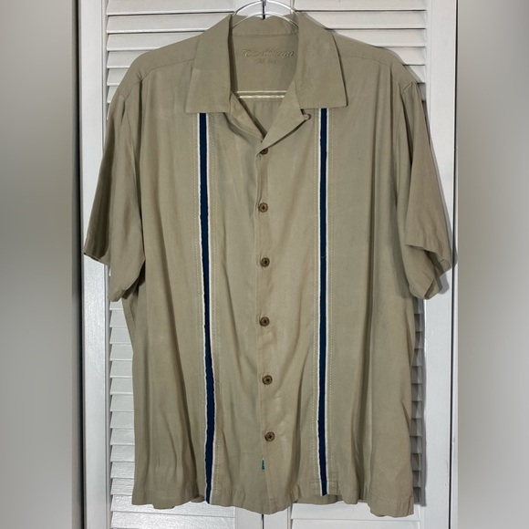 Caribbean Silk Blend Short Sleeve Button Up Shirt, Sz XL, Tan with Navy Stripes - Picture 1 of 7